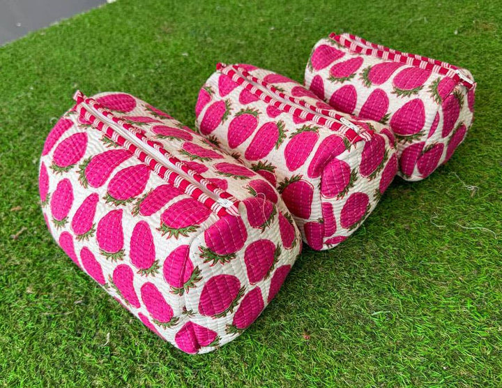 Strawberry Design Printed Cotton Quilted Pouch Cosmetic Bags
