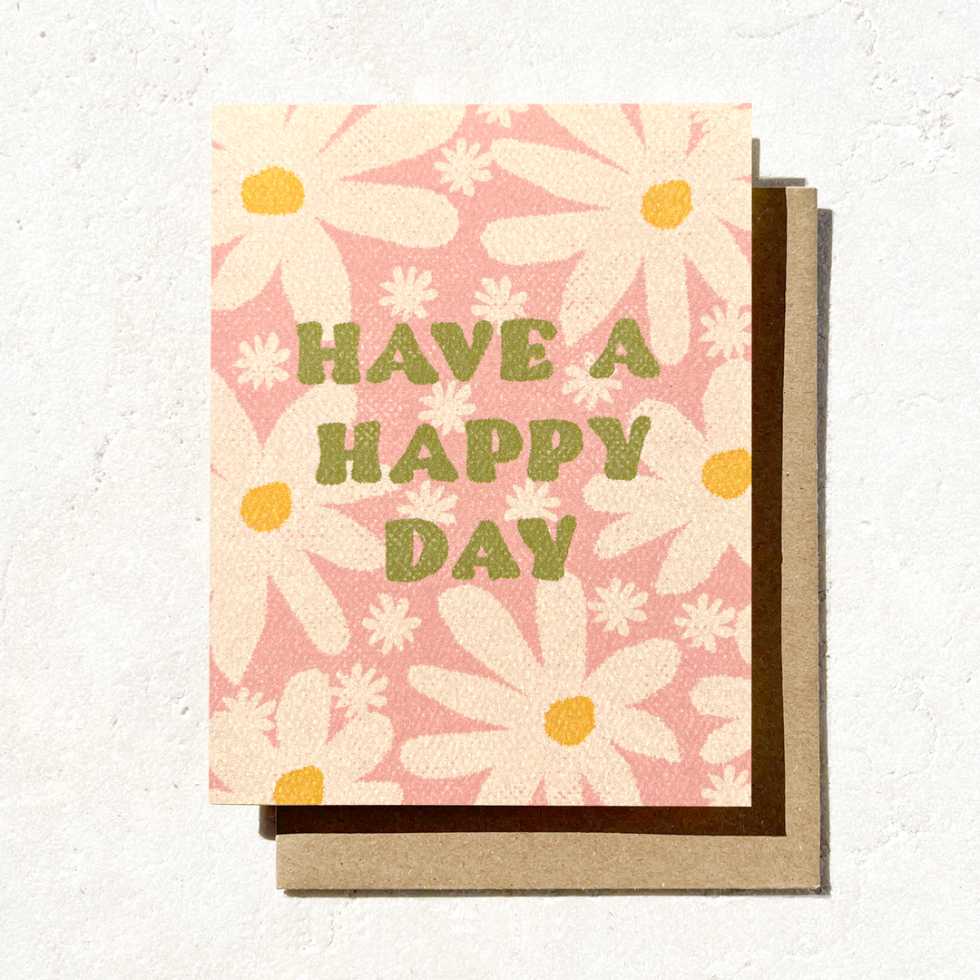 Happy Day - Pink Sixties Hippie Birthday card with Flowers