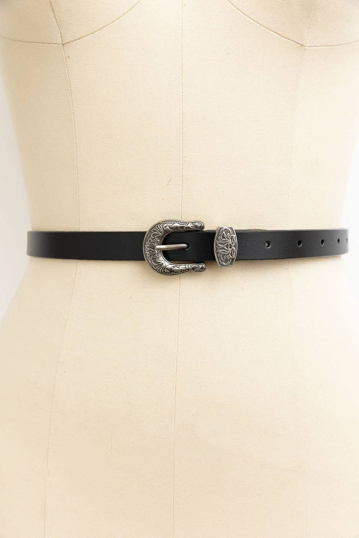 Western Style Skinny Leather Belt - Cowgirl Chic: Camel