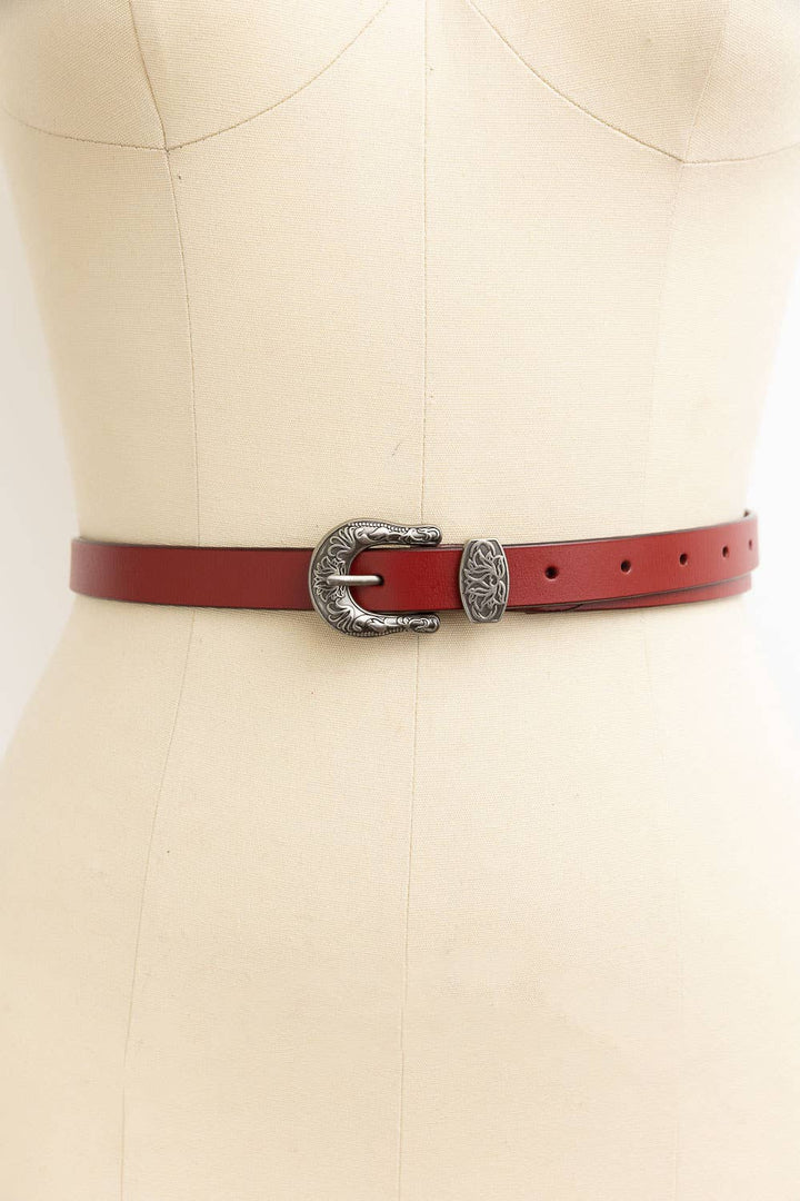 Western Style Skinny Leather Belt - Cowgirl Chic: Camel