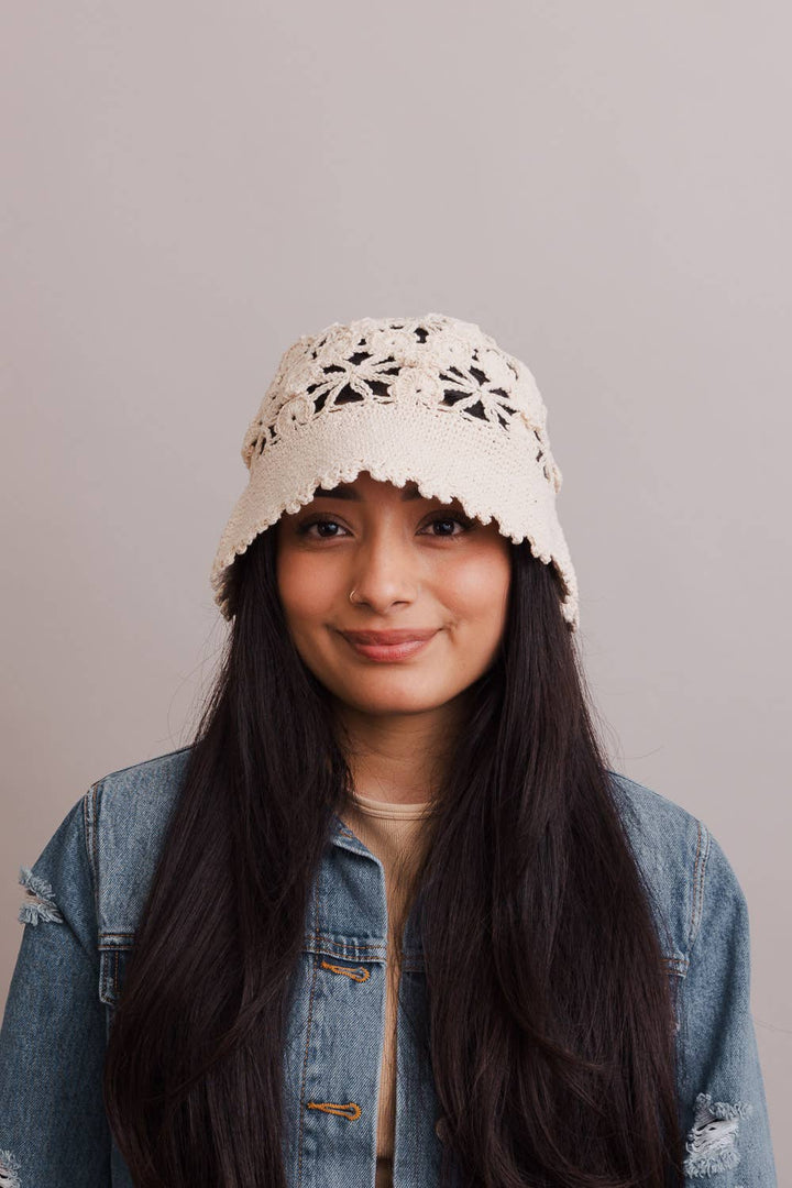 Floral Crochet Bucket Sun Hat: Taupe