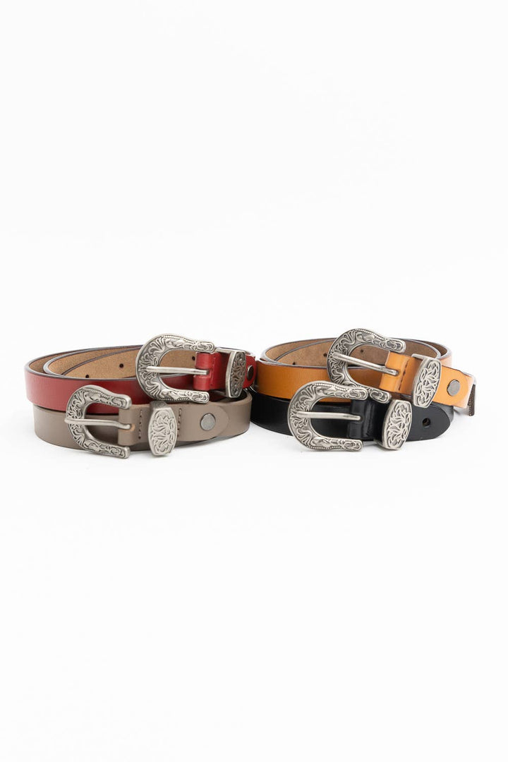 Western Style Skinny Leather Belt - Cowgirl Chic: Camel