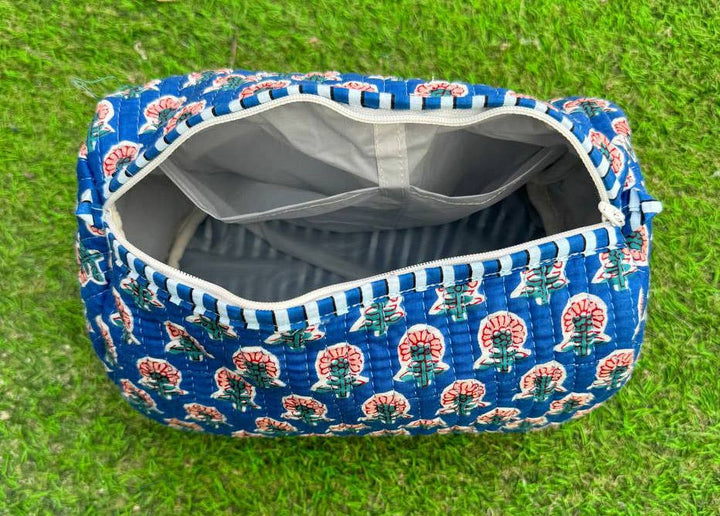 Blue Cotton Cosmetic Bag Floral Print Quilted Bag Travel Bag