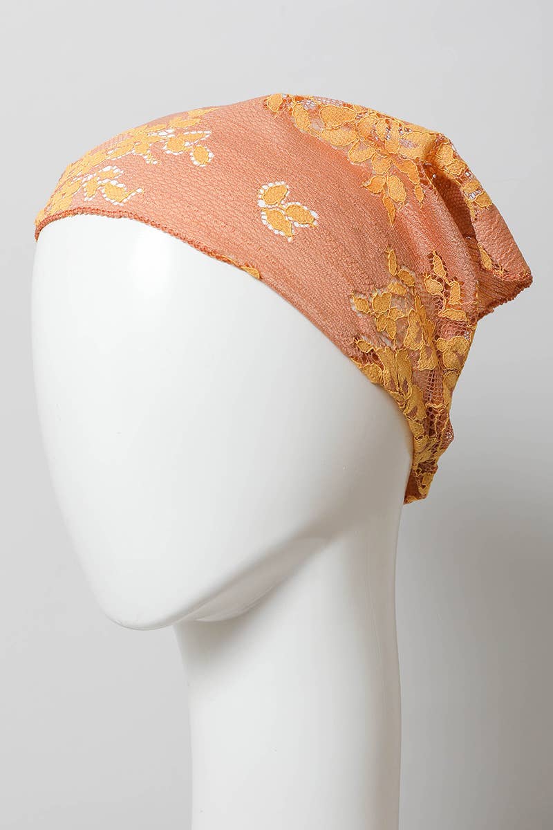 Chic Boho Lace Headscarf with Vintage Floral Patterns 💐: Peach