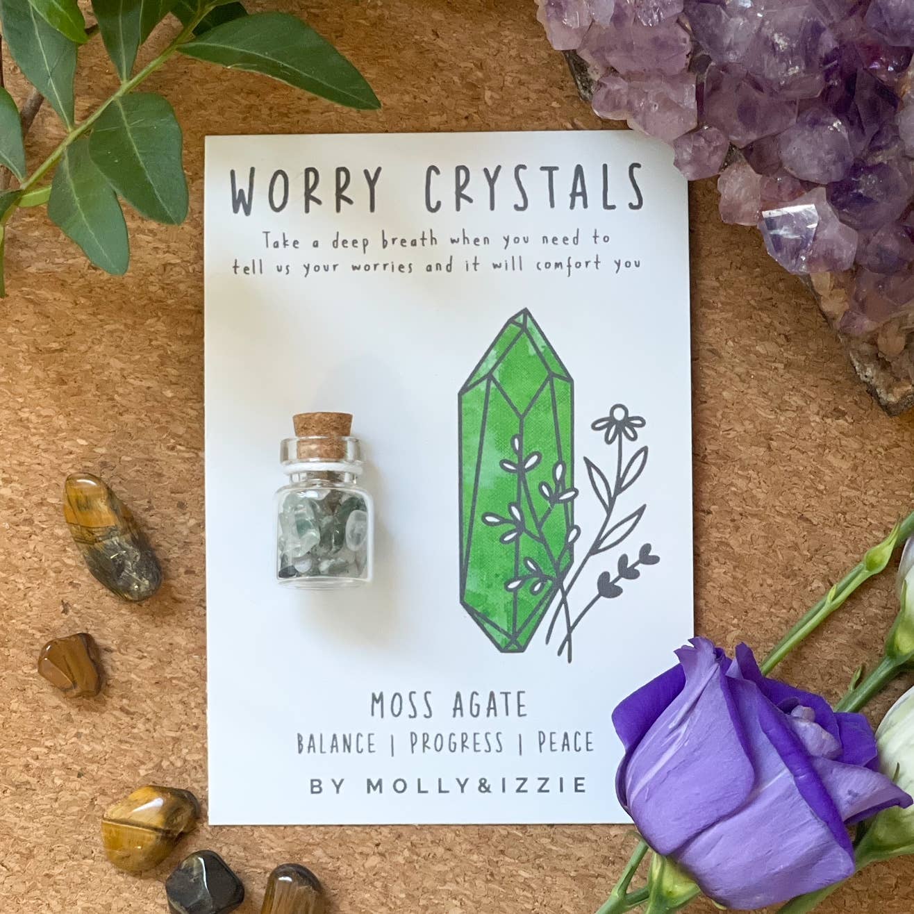 Moss Agate Worry Crystal on Card